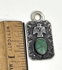 Vtg Fred Harvey Era Sterling Pendent Turquoise Thunderbird Dog Tag Style Flaw - Additional view 8