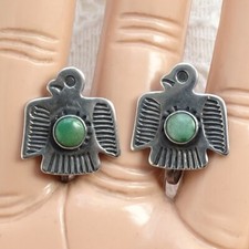 Vintage Navajo Green Turquoise & Sterling Thunderbird Earrings Fred Harvey Era - Additional view 1