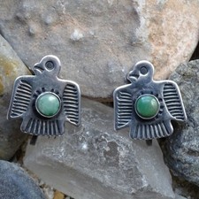 Vintage Navajo Green Turquoise & Sterling Thunderbird Earrings Fred Harvey Era - Additional view 2