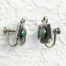 Vintage Navajo Green Turquoise & Sterling Thunderbird Earrings Fred Harvey Era - Additional view 3