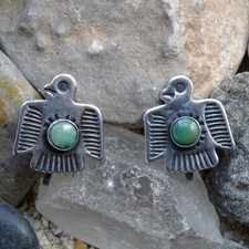 Vintage Navajo Green Turquoise & Sterling Thunderbird Earrings Fred Harvey Era