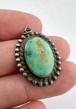 Vtg Fred Harvey Era Navajo Sterling Silver Cerrillos Turquoise Stamped Pendant - Additional view 1