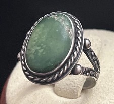 Early Fred Harvey Native American Sterling Silver Green Turquoise Ring Size 7.5