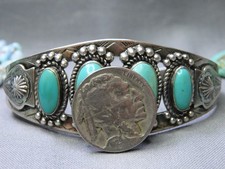 Fred Harvey Era NAVAJO Natural KINGMAN TURQUOISE Coin SILVER 30g Cuff Bracelet - Additional view 3