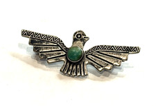 THUNDERBIRD TURQUOISE GREEN FRED HARVEY ERA 925 STERLING SILVER BROOCH VINTAGE - Additional view 1