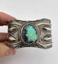 Old Fred Harvey Navajo Coin Silver Bisbee Turquoise Stamped Cuff Bracelet 79.8g - Additional view 6