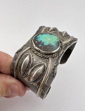 Old Fred Harvey Navajo Coin Silver Bisbee Turquoise Stamped Cuff Bracelet 79.8g - Additional view 7