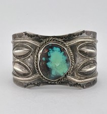 Old Fred Harvey Navajo Coin Silver Bisbee Turquoise Stamped Cuff Bracelet 79.8g