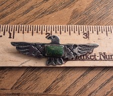 Vintage Fred Harvey Era Sterling Silver Green Turquoise Thunderbird Pin - Additional view 3