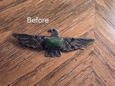 Vintage Fred Harvey Era Sterling Silver Green Turquoise Thunderbird Pin - Additional view 5
