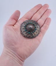 Antique Fred Harvey Era Native American Sterling Silver Turquoise Concho Pin - Additional view 2