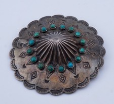 Antique Fred Harvey Era Native American Sterling Silver Turquoise Concho Pin