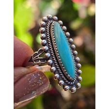 Vintage Navajo Fred Harvey Era 925 Sterling Silver Elongated Turquoise Ring, 7 - Additional view 2