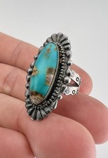 Vtg Fred Harvey Era Navajo Sterling Silver Cerrillos Turquoise Stamped Long Ring - Additional view 2