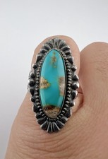 Vtg Fred Harvey Era Navajo Sterling Silver Cerrillos Turquoise Stamped Long Ring - Additional view 7