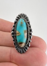 Vtg Fred Harvey Era Navajo Sterling Silver Cerrillos Turquoise Stamped Long Ring
