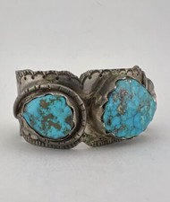 Early 1930's Navajo Coin Silver Morenci Turquoise Stamped Snake Cuff Bracelet - Additional view 1