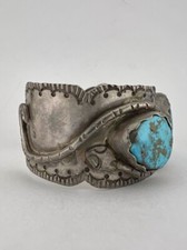 Early 1930's Navajo Coin Silver Morenci Turquoise Stamped Snake Cuff Bracelet - Additional view 3