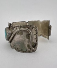 Early 1930's Navajo Coin Silver Morenci Turquoise Stamped Snake Cuff Bracelet - Additional view 6