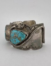 Early 1930's Navajo Coin Silver Morenci Turquoise Stamped Snake Cuff Bracelet - Additional view 7