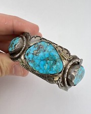 Early 1930's Navajo Coin Silver Morenci Turquoise Stamped Snake Cuff Bracelet - Additional view 8