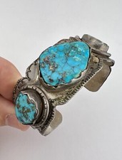 Early 1930's Navajo Coin Silver Morenci Turquoise Stamped Snake Cuff Bracelet - Additional view 9