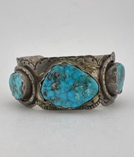 Early 1930's Navajo Coin Silver Morenci Turquoise Stamped Snake Cuff Bracelet