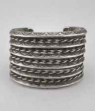 BIG Vtg Fred Harvey Navajo Sterling Stamped Carinated 6 Row Cuff Bracelet 85.8g