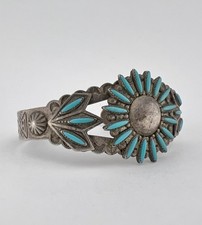 Vtg Fred Harvey Era Navajo Sterling Needlepoint Turquoise Stamped Cuff Bracelet - Additional view 1