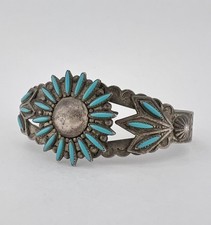 Vtg Fred Harvey Era Navajo Sterling Needlepoint Turquoise Stamped Cuff Bracelet - Additional view 2