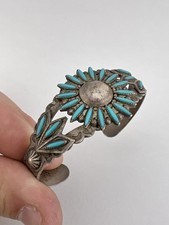 Vtg Fred Harvey Era Navajo Sterling Needlepoint Turquoise Stamped Cuff Bracelet - Additional view 7