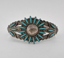 Vtg Fred Harvey Era Navajo Sterling Needlepoint Turquoise Stamped Cuff Bracelet
