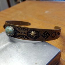 Vtg Fred Harvey Era Rare Brass Turquoise Glass Whirlin' Logs Navajo Old Pawn Wow - Additional view 3