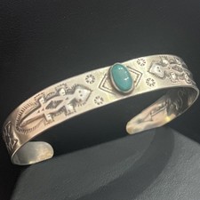 Early Fred Harvey Native Silver Arrow Sterling Green Turquoise Lizard Cuff 6.75” - Additional view 1