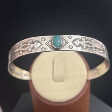 Early Fred Harvey Native Silver Arrow Sterling Green Turquoise Lizard Cuff 6.75” - Additional view 2