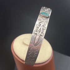 Early Fred Harvey Native Silver Arrow Sterling Green Turquoise Lizard Cuff 6.75” - Additional view 3