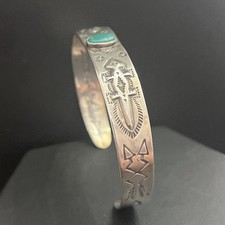 Early Fred Harvey Native Silver Arrow Sterling Green Turquoise Lizard Cuff 6.75” - Additional view 6