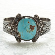 Vintage Navajo Fred Harvey Era Cuff Bracet Blue Gem Turquoise Sterling Silver - Additional view 2