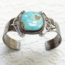 Vintage Navajo Fred Harvey Era Cuff Bracet Blue Gem Turquoise Sterling Silver - Additional view 7
