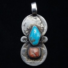 Signed BJR Fred Harvey Era Navajo Pendant Buffalo Nickels Turquoise Spiny Oyster - Additional view 1