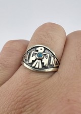 Vtg Fred Harvey Style Sterling Silver Turquoise Thunderbird Stamped Band Ring - Additional view 1