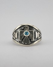 Vtg Fred Harvey Style Sterling Silver Turquoise Thunderbird Stamped Band Ring - Additional view 2