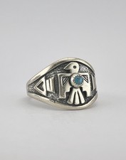 Vtg Fred Harvey Style Sterling Silver Turquoise Thunderbird Stamped Band Ring - Additional view 3