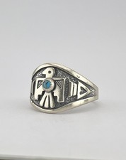 Vtg Fred Harvey Style Sterling Silver Turquoise Thunderbird Stamped Band Ring - Additional view 4