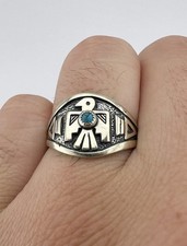 Vtg Fred Harvey Style Sterling Silver Turquoise Thunderbird Stamped Band Ring