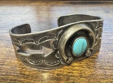 Vtg 1930-40s Native American Silver & Turquoise Cuff Bracelet - Fred Harvey Era - Additional view 1