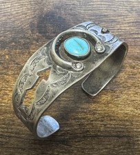 Vtg 1930-40s Native American Silver & Turquoise Cuff Bracelet - Fred Harvey Era