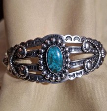 Fred Harvey Era Navajo Sterling Turquoise Heart ARROWHEAD Bracelet Size 6.5 In