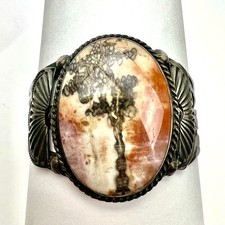 Vintage Harvey Era Native American Petrified Wood Sterling Silver Cuff Bracelet - Additional view 6