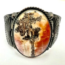 Vintage Harvey Era Native American Petrified Wood Sterling Silver Cuff Bracelet